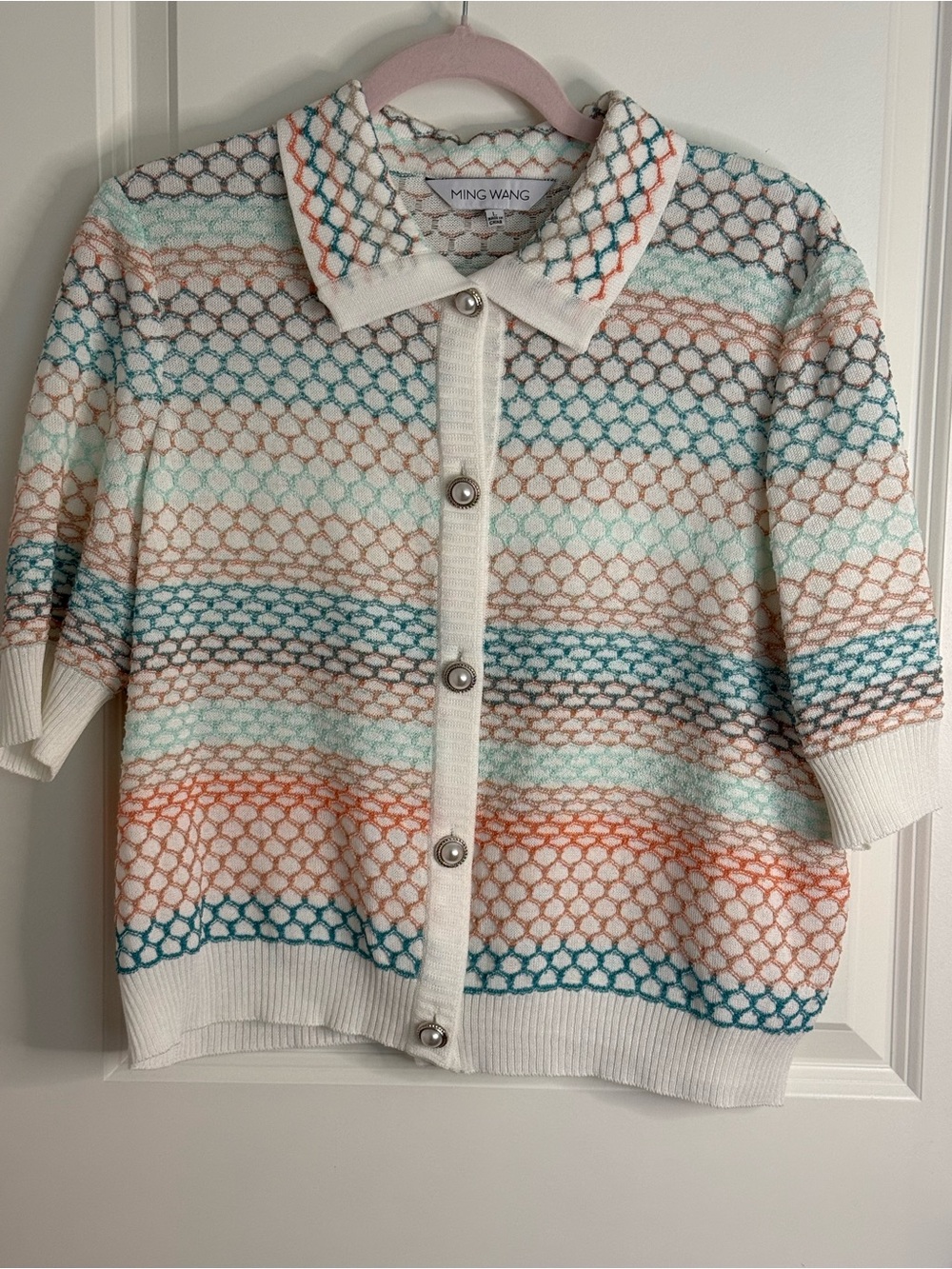 Ming Wang Women’s L Open Knit Collared Cardigan Sweater Pearl Button Multicolor